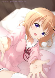 Rule 34 | 1girl, :d, bed, blurry, blurry background, cardigan, commentary request, dated, depth of field, gochuumon wa usagi desu ka?, hair ornament, hairclip, highres, hoto cocoa, hoto cocoa&#039;s school uniform, indoors, light brown hair, long sleeves, looking at viewer, lying, neck ribbon, neki (wakiko), on bed, on side, open mouth, outstretched arms, pillow, pink cardigan, pov across bed, purple eyes, red ribbon, ribbon, sailor collar, school uniform, serafuku, skirt, smile, solo, thighhighs, twitter username, white sailor collar, white skirt, white thighhighs