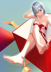 Rule 34 | 1girl, absurdres, barefoot, box, crossed legs, feet, fiona frost, gift, gift box, grey hair, highres, light blush, looking at viewer, medium hair, ribbon, soles, spy x family, toes