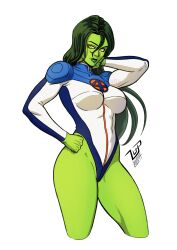 1girl absurdres animification breasts cleavage colored_skin fantastic_four green_hair green_skin highres jennifer_walters leotard long_hair looking_at_viewer lucaspflp marvel muscular muscular_female she-hulk simple_background smile solo standing superhero_costume thighs