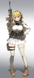 Rule 34 | 1girl, :d, absurdres, ahoge, assault rifle, battlefield (series), battlefield 4, beige legwear, belt, blonde hair, blue eyes, blush, boots, breasts, full body, gloves, gun, hair between eyes, hair ornament, hand on own hip, headset, highres, holding, holding gun, holding weapon, large breasts, long hair, looking at viewer, ookuma nekosuke, open mouth, pleated skirt, pouch, rifle, skirt, smile, solo, standing, thigh strap, thighhighs, weapon
