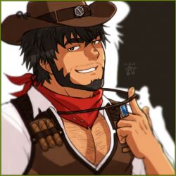 Rule 34 | 1boy, bara, beard, black hair, brown vest, chest hair, collared shirt, cowboy, cowboy hat, cowboy western, crave saga, dated, facial hair, grin, hair between eyes, hat, jewelry, joe (crave saga), looking at viewer, male focus, muscular, muscular male, mustache stubble, neckerchief, necklace, pectoral cleavage, pectorals, red neckerchief, shirt, short hair, signature, smile, solo, stubble, vest, western, white shirt, yowaifish