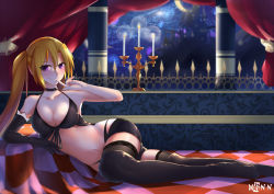 Rule 34 | 1girl, bed, black thighhighs, blonde hair, boots, lieselotte sherlock, mrnn, purple eyes, thigh boots, thighhighs, trinity seven, twintails