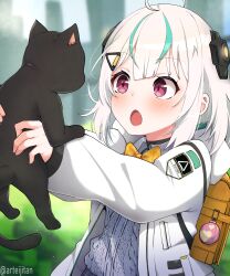 Rule 34 | 1girl, absurdres, admi (nikke), ahoge, animal, bag, bow, bowtie, cat, collared shirt, eijitan, goddess of victory: nikke, green hair, grey sweater, hair ornament, hairclip, highres, holding, holding animal, holding cat, jacket, light blush, long sleeves, lying, medium hair, multicolored hair, on side, open clothes, open jacket, pink eyes, school bag, school uniform, shirt, shoes, sleeves past wrists, streaked hair, sweater, thighs, weapon, white hair, white jacket, white shirt, yellow bow, yellow bowtie