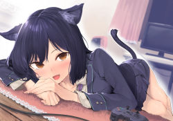 Rule 34 | 1girl, animal ears, blazer, blurry, blush, cat ears, cat tail, commentary request, controller, depth of field, fang, furukawa itsuse, game controller, indoors, jacket, kemonomimi mode, looking at viewer, lying, nijisanji, on stomach, open mouth, school uniform, shizuka rin, short hair, smile, solo, tail, virtual youtuber, yellow eyes