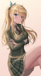 Rule 34 | 1girl, arms under breasts, ascot, blush, boku wa tomodachi ga sukunai, breasts, butterfly hair ornament, closed mouth, collared shirt, commentary, crossed arms, crossed legs, dress shirt, green jacket, hair ornament, highres, invisible chair, jacket, kashiwazaki sena, large breasts, long hair, long sleeves, looking at viewer, miniskirt, plaid, plaid skirt, ponytail, school uniform, seungju lee, shirt, simple background, sitting, skirt, thighs, v-shaped eyebrows, white shirt