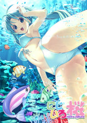 Rule 34 | 1girl, :d, antenna hair, bikini, caustics, coral, fish, freediving, front-tie top, green eyes, green hair, koutaro, long hair, matching hair/eyes, navel, open mouth, original, perspective, smile, solo, swimming, swimsuit, twintails, underwater