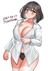 Rule 34 | 1girl, absurdres, black hair, black panties, bob cut, breasts, brown eyes, cleavage, collared shirt, cowboy shot, dated, dress shirt, haguro (kancolle), hair ornament, highres, kantai collection, katou shinobu, large breasts, long sleeves, looking at viewer, one-hour drawing challenge, panties, shirt, short hair, simple background, solo, standing, twitter username, underwear, white background, white shirt