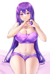 Rule 34 | 1girl, artist name, bare arms, bare shoulders, bed sheet, breasts, cleavage, commentary, commission, doki doki literature club, hair between eyes, heart, heart hands, heart print, highres, large breasts, light blush, long hair, looking at viewer, midriff, navel, potetos7, purple eyes, purple hair, sidelocks, sitting, smile, solo, spaghetti strap, symbol-only commentary, thighs, very long hair, watermark, yuri (doki doki literature club)