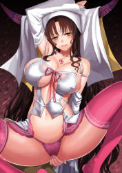 Rule 34 | 10s, 1girl, arm up, bare shoulders, black hair, blush, breasts, brown hair, chest tattoo, cleavage, cleavage cutout, clothing cutout, collarbone, commentary request, covering privates, covering crotch, detached sleeves, facial mark, fate/extra, fate/extra ccc, fate (series), forehead mark, hand on own ass, highres, horns, lace, large breasts, long hair, naughty face, navel, no shoes, panties, pink panties, pink thighhighs, sessyoin kiara, sideboob, smile, solo, spread legs, squatting, tattoo, thighhighs, thighs, underwear, veil, very long hair, wavy hair, whoosaku, wide sleeves, yellow eyes