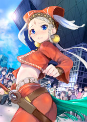 Rule 34 | 1girl, 6+boys, ass, blue eyes, braid, building, camera, clenched hand, clothes writing, cloud, comiket, cop craft: dragnet mirage reloaded, cosplay, facial mark, flying sweatdrops, forehead mark, highres, holding, holding camera, low twintails, midriff, mikazuki akira!, multiple boys, otaku, pants, plaid, plaid shirt, pointy ears, red headwear, shirt, silver hair, sky, tilarna exedilika, tokyo big sight, twintails