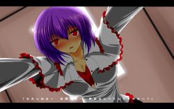 Rule 34 | 1girl, blush, bra, breasts, capelet, ceiling, ceiling light, cleavage, collarbone, highres, large breasts, letterboxed, long sleeves, looking at viewer, looking down, nagae iku, nekominase, open clothes, open shirt, purple hair, red bra, red eyes, shirt, solo, touhou, translation request, unbuttoned, underwear