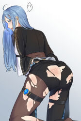 Rule 34 | 1boy, alternate costume, ass, ass focus, bdsm, blue eyes, blue hair, bondage, bound, bound wrists, edmond (nu carnival), embarrassed, formal, from behind, gloves, highres, kneeling, long hair, looking at viewer, looking back, motion lines, nu carnival, pants, pantyhose, pantyhose under trousers, solo, spanked, suit, surprised, thigh strap, torn clothes