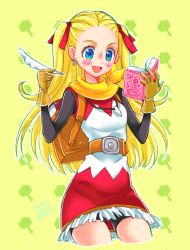 Rule 34 | 1girl, 39cva, backpack, bag, belt, black shirt, blonde hair, blue eyes, blush, book, cowboy shot, dragon quest, dragon quest builders 2, dress, earrings, female builder (dqb2), gloves, hair pulled back, hair ribbon, holding, holding book, jewelry, long hair, long sleeves, necklace, open mouth, quill, red dress, red ribbon, ribbon, scarf, shirt, shirt under dress, short dress, shorts under dress, sleeveless, sleeveless dress, smile, solo, twintails, two-tone dress, white dress, yellow background, yellow gloves, yellow scarf