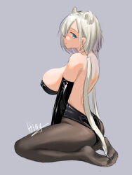 Rule 34 | 1girl, animal ears, arknights, ass, aurora (arknights), backless leotard, bare shoulders, bear ears, black gloves, black leotard, black pantyhose, blue eyes, breasts, closed mouth, elbow gloves, from side, full body, gloves, grey background, grey hair, hiey, highres, large breasts, leotard, long hair, looking at viewer, looking to the side, no shoes, pantyhose, playboy bunny, seiza, sideboob, signature, simple background, sitting, solo, very long hair