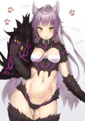 Rule 34 | 1girl, animal hands, atalanta (fate), atalanta alter (fate), black thighhighs, blush, bone, breasts, collar, cowboy shot, fate/grand order, fate (series), frown, fur trim, gluteal fold, green eyes, highres, leash, long hair, looking at viewer, midriff, navel, open mouth, paw print, paw print background, purple hair, reinama, sidelocks, small breasts, solo, sweat, thigh gap, thighhighs, thighs, tsurime, wide hips