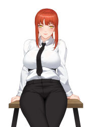 Rule 34 | 1girl, absurdres, black necktie, black pants, braid, braided ponytail, breasts, chainsaw man, chinese commentary, collared shirt, commentary request, highres, large breasts, looking at viewer, makima (chainsaw man), necktie, pants, red hair, ringed eyes, shirt, simple background, sitting, smile, solo, wd1113, white background, white shirt, yellow eyes