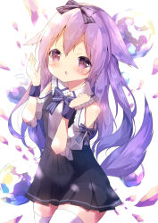 Rule 34 | 1girl, :o, animal ears, black skirt, blue bow, blush, bow, clothing cutout, collared shirt, commentary request, frilled shirt collar, frills, hair between eyes, hamada pengin, hands up, highres, looking at viewer, original, parted lips, pleated skirt, purple eyes, purple hair, shirt, shoulder cutout, simple background, skirt, solo, striped, striped bow, suspender skirt, suspenders, tail, thighhighs, white background, white shirt, white thighhighs