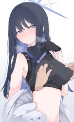 Rule 34 | 1girl, 1other, black gloves, black hair, black shirt, blue archive, blue eyes, blue hair, blush, breasts, closed mouth, colored inner hair, covered erect nipples, disembodied hand, gloves, highres, large breasts, long hair, mikozin, multicolored hair, saori (blue archive), shirt, simple background, sleeveless, sleeveless shirt, solo focus, upper body, white background