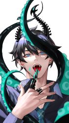 Rule 34 | 1boy, absurdres, asymmetrical horns, black hair, black shirt, blue eyes, chenirin2, claw ring, demon horns, ear piercing, fangs, hand up, highres, horns, jewelry, licking, licking finger, looking at viewer, male focus, multiple rings, necktie, nijisanji, nijisanji en, piercing, ren zotto, ring, shirt, simple background, solo, tentacles, tongue, tongue out, uneven horns, virtual youtuber, white background