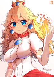 Rule 34 | 1girl, artist name, blonde hair, blue eyes, blue gemstone, brooch, chinchongcha, closed mouth, collar, collared dress, commentary, covered erect nipples, cowboy shot, crown, dress, elbow gloves, english commentary, fire, fire peach, gem, gloves, highres, jewelry, lace-trimmed sleeves, lace trim, light blush, light particles, long hair, looking at viewer, mario (series), mini crown, mixed-language commentary, nintendo, princess peach, puffy short sleeves, puffy sleeves, pyrokinesis, red collar, short sleeves, simple background, smile, solo, watermark, white background, white dress, white gloves, white sleeves, yellow crown