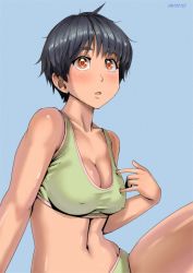 Rule 34 | 1girl, arm support, ayumu (zenkou), black hair, blue background, blush, breast poke, breasts, cleavage, covered erect nipples, dated, fang, large breasts, looking afar, messy hair, orange eyes, original, parted lips, poking, shiny skin, short hair, simple background, sitting, solo, sports bra, zenkou