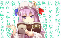 Rule 34 | 1girl, :o, text background, bad id, bad pixiv id, book, crescent, female focus, hat, holding, holding book, long hair, noe noel, patchouli knowledge, purple eyes, purple hair, solo, touhou, translation request, wall of text