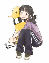 Rule 34 | 1girl, :d, ahoge, bird, black hair, black pants, blush, character request, chick, commentary, full body, highres, hugging object, kana (okitasougo222), knees up, long sleeves, looking at viewer, open mouth, oyasumi punpun, pants, purple shirt, real life, scarf, shirt, shoes, sidelocks, simple background, sitting, smile, sneakers, solo, striped clothes, striped scarf, track pants, twintails, white background