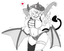 Rule 34 | 1girl, :d, breasts, commentary request, curvy, demon girl, demon horns, demon tail, demon wings, earrings, elbow gloves, closed eyes, gloves, greyscale, hair over one eye, heart, horns, huge breasts, jewelry, latenight, legband, long hair, low wings, monochrome, monster girl encyclopedia, motion lines, navel, one eye covered, open mouth, panties, pointy ears, round teeth, single thighhigh, smile, solo, spoken heart, spot color, standing, stretching, succubus (monster girl encyclopedia), tail, teeth, thigh strap, thighhighs, underwear, wings