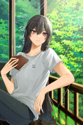 Rule 34 | 1girl, alternate costume, artist name, black hair, collarbone, english text, foliage, grey pants, hair between eyes, highres, kantai collection, leaning to the side, long hair, looking to the side, machi (ritovoyage), nagato (kancolle), pants, parted lips, red eyes, shirt, sidelocks, solo, stay at home, sunlight, t-shirt, veranda, white shirt
