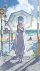 Rule 34 | 1girl, absurdres, aiguillette, blue archive, blue hair, blue halo, blue sky, boom barrier, boots, closed eyes, cloud, colored inner hair, commentary, cross-laced footwear, day, facing viewer, full body, general student council president (blue archive), hair over one eye, halo, hidulume, highres, holding, holding umbrella, lace-trimmed umbrella, light blue hair, long hair, long skirt, multicolored hair, outdoors, pink hair, shadow, skirt, sky, smile, solo, standing, straight-on, two-tone hair, umbrella, very long hair, white footwear, white umbrella