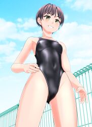 Rule 34 | 1girl, absurdres, black hair, black one-piece swimsuit, blue sky, breasts, brown eyes, cameltoe, cloud, commentary request, competition swimsuit, covered navel, day, fence, from below, grin, groin, hand on own hip, highleg, highleg swimsuit, highres, looking at viewer, one-piece swimsuit, original, outdoors, sky, small breasts, smile, solo, swimsuit, takafumi, tomboy