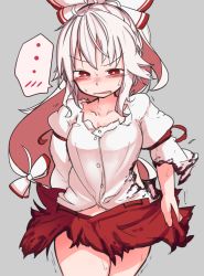 Rule 34 | ..., 1girl, antenna hair, blush, bow, buttons, commentary request, cowboy shot, fujiwara no mokou, furorina, grey background, hair bow, long hair, looking down, navel, puffy sleeves, red eyes, red skirt, shirt, sidelocks, simple background, skirt, solo, spoken blush, spoken ellipsis, sweat, torn clothes, torn shirt, torn skirt, torn sleeves, touhou, trembling, white hair, white shirt