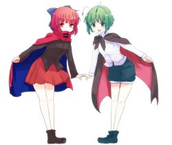 Rule 34 | 2girls, antennae, aoi (annbi), black footwear, black shirt, blue bow, blue shorts, bow, cape, commentary request, full body, green eyes, green hair, hair bow, high collar, holding, holding cape, holding clothes, leaning forward, long sleeves, looking at viewer, multiple girls, one-hour drawing challenge, open mouth, red eyes, red hair, red skirt, sekibanki, shirt, shoes, shorts, simple background, skirt, smile, touhou, white background, white shirt, wriggle nightbug