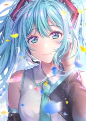 Rule 34 | 1girl, absurdres, black sleeves, blue eyes, blue hair, blue necktie, closed mouth, collared shirt, confetti, detached sleeves, floating hair, hand in own hair, hatsune miku, headphones, headset, highres, long hair, long sleeves, looking at viewer, microphone, motion blur, necktie, shirt, sleeveless, sleeveless shirt, smile, solo, twintails, upper body, vocaloid, white shirt, wing collar, yuzuha wasa