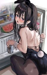 Rule 34 | 1girl, animal ears, asahi breweries, beer can, black hair, black leotard, black pantyhose, can, detached collar, drink can, food, from behind, fruit, highres, leotard, long hair, looking at viewer, looking back, original, pantyhose, playboy bunny, purple eyes, rabbit ears, rabbit tail, refrigerator, saya (mychristian2), solo, squatting, strapless, strapless leotard, tail, watermelon, wrist cuffs
