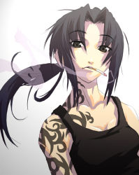 Rule 34 | 00s, 1girl, arm tattoo, bare shoulders, black hair, black lagoon, breasts, brown eyes, cigarette, cleavage, collarbone, lips, long hair, looking at viewer, low ponytail, medium breasts, mouth hold, nilitsu, parted bangs, ponytail, revy (black lagoon), shoulder tattoo, sleeveless, smoke, smoking, solo, tank top, tattoo, tribal tattoo, tsurime