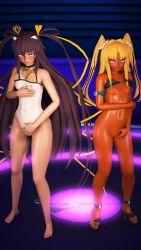 Rule 34 | 2girls, 3d, absurdres, animal ears, artist request, ass, bare legs, bare shoulders, barefoot, bikini, blonde hair, blue eyes, blush, breasts, brown hair, cat ears, closed mouth, covering privates, dark-skinned female, dark skin, fake animal ears, female focus, full body, futaba lili ramses, highres, long hair, long twintails, looking at viewer, magical girl, micro bikini, mizuki yukikaze, multiple girls, one-piece tan, pink eyes, revealing clothes, scenery, seductive smile, see-through, sexually suggestive, shiny skin, small breasts, smile, standing, swimsuit, unworn swimsuit, taimanin (series), taimanin yukikaze, tan, tanline, tentacle and witches, thighs, thong bikini, toned, twintails, two side up, very long hair