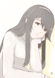 Rule 34 | 1girl, arm support, black hair, brown eyes, closed mouth, commentary request, grey sweater, hair flaps, hair ornament, hairband, hairclip, haruna (kancolle), head rest, head tilt, kantai collection, long hair, long sleeves, looking at viewer, mihama machi, shadow, sidelocks, signature, simple background, sitting, smile, solo, sweater, upper body, white hairband, yellow background