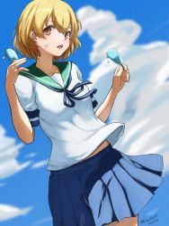 Rule 34 | 1girl, blue neckerchief, blue skirt, blue sky, brown eyes, chestnut mouth, cloud, commentary request, cowboy shot, food, green sailor collar, highres, kantai collection, light brown hair, looking at viewer, neckerchief, oboro (kancolle), open mouth, pleated skirt, popsicle, sailor collar, short hair, skirt, sky, solo, teeth, umibudou, upper teeth only