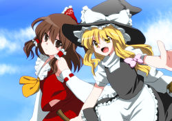 Rule 34 | 2girls, :/, :d, bad id, bad pixiv id, blonde hair, brown eyes, brown hair, cloud, day, fang, female focus, hakurei reimu, hat, highres, japanese clothes, kirisame marisa, marimo danshaku, miko, multiple girls, navel, open mouth, outstretched arms, ribbon, sky, smile, spread arms, touhou, turtleneck, witch, witch hat, yellow eyes