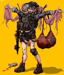 Rule 34 | 1girl, absurdres, ammunition pouch, assault rifle, bag, bandages, bike shorts, black eyes, blood, blood bag, blood in hair, blood on face, blood on hands, blood on leg, blood on shoes, bloody bandages, blue sleeves, body armor, brown footwear, bullet hole, bulletproof vest, chest rig, collared shirt, combat helmet, crack, cracked glass, dual ptt, duffel bag, empty eyes, eotech, epakim, fangs, fangs out, foregrip, gun, gun sling, hair between eyes, headphones, helmet, highres, holster, ketchup, ketchup bottle, knee pads, laser sight, laughing, load bearing vest, long hair, long sleeves, looking at viewer, low twintails, m4 carbine, magazine (weapon), muzzle device, open mouth, optical sight, original, outstretched arms, pink hair, bulletproof vest, pouch, rifle, rod of asclepius, shirt, shoelaces, shoes, single knee pad, sleeves rolled up, sneakers, spread arms, squeeze bottle, standing, star of life, thigh holster, twintails, vertical foregrip, very long hair, visor (armor), walkie-talkie, watch, weapon, wristwatch, yellow background