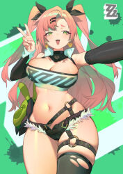 Rule 34 | 1girl, absurdres, bangboo (zenless zone zero), bare shoulders, black ribbon, black shorts, blush, breasts, cleavage, crop top, green eyes, hair ornament, hair ribbon, hairclip, highres, kunkun pa, large breasts, long hair, looking at viewer, midriff, mole, navel, nicole demara, open mouth, pink hair, ribbon, selfie, shorts, skindentation, smile, strapless, thick eyebrows, thick thighs, thighs, tube top, two side up, v, wide hips, zenless zone zero
