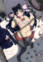Rule 34 | 1girl, :o, absurdres, black bow, black hair, black pantyhose, blue eyes, bottle, bow, brown sweater, from above, highres, indoors, kendama, leash, long hair, long sleeves, lying, magazine (object), miyao nemu, ni tanto, on back, on bed, pantyhose, paw print, pillow, plaid, plaid skirt, red bow, red skirt, skirt, sweater, wallet, water bottle, witch watch