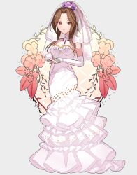 Rule 34 | 1girl, bare shoulders, breasts, bridal garter, bridal veil, brown eyes, brown hair, cleavage, closed mouth, dress, floral background, flower, hair flower, hair ornament, ich., idolmaster, idolmaster cinderella girls, idolmaster cinderella girls starlight stage, komuro chinami, lace trim, long hair, looking at viewer, medium breasts, smile, solo, veil, wedding dress, white background