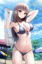 Rule 34 | 1girl, bad id, bad pixiv id, beach umbrella, bikini, blue sky, blunt bangs, blurry, blurry background, breasts, brown eyes, brown hair, cleavage, cloud, contrapposto, cowboy shot, day, front-tie top, grey bikini, highres, komura hiroto, large breasts, lens flare, long hair, original, outdoors, palm tree, sky, solo, standing, swimsuit, tree, umbrella