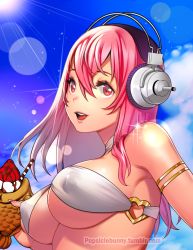 Rule 34 | 1girl, blush, breasts, cleavage, covered erect nipples, headphones, large breasts, long hair, looking at viewer, nitroplus, open mouth, pink eyes, pink hair, popsiclebunny, red eyes, smile, solo, super sonico, swimsuit, underboob
