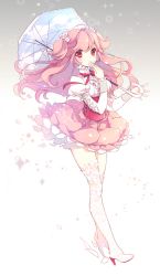 Rule 34 | 1girl, cherry blossom cookie, cherry blossoms, cookie run, high heels, highres, jonejung, long hair, nail polish, parasol, pink hair, pink skirt, pink theme, red eyes, skirt, solo, thighhighs, two side up, umbrella, white thighhighs