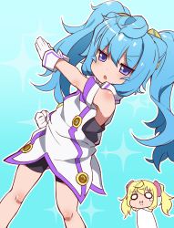Rule 34 | 1boy, 1girl, :i, absurdres, alternate hairstyle, blonde hair, blue hair, commentary, fukurou (owl222), gloves, hacka doll, hacka doll 1, hacka doll 3, highres, jitome, long hair, simple background, solid circle eyes, tears, trap, twintails