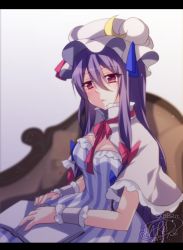 Rule 34 | 1girl, 2015, artist name, bad id, bad twitter id, book, bow, breasts, cleavage, crescent, dated, hair bow, hat, letterboxed, long hair, medium breasts, mikazuki sara, patchouli knowledge, purple hair, red eyes, ribbon, signature, solo, touhou