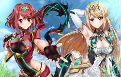 Rule 34 | 2girls, absurdres, armpits, arms up, bare shoulders, blonde hair, breasts, brown eyes, cleavage, day, elbow gloves, fingerless gloves, framed breasts, gloves, gluteal fold, highres, long hair, looking at viewer, multiple girls, mythra (xenoblade), nez-box, nintendo, outdoors, outstretched hand, pantyhose, pyra (xenoblade), reaching, reaching towards viewer, red eyes, red hair, short hair, short shorts, shorts, smile, swept bangs, thigh strap, thighhighs, tiara, very long hair, xenoblade chronicles (series), xenoblade chronicles 2